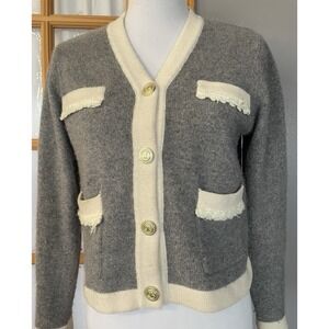 Alpaca Wool Blend Cropped  Cardigan M Etched Buttons Gray Ivory Pockets Classic